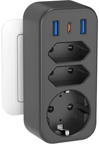 6 in 1 Mehrfachstecker Steckdosenadapter mit 1 PD20W USB C, 4000W/16A 3 Fach Mehrfachsteckdose mit 3 USB Steckdose Steckdosenleiste, STGAROT Verteilersteckdose USB C Steckdosen Ohne Kabel, Schwarz