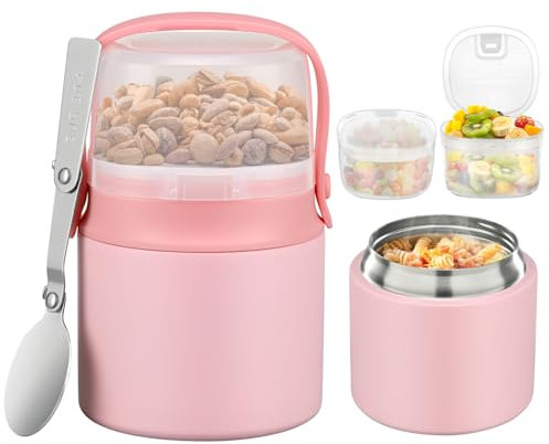 2-in-1 Isolierter Lebensmittelbehälter mit Snack-Behälter, 425 ml, Kinder-Suppen-Thermoskanne für heiße Speisen mit Griff und Löffel, auslaufsichere Bento-Lunchbox, Kinder, perfekt für Schule und