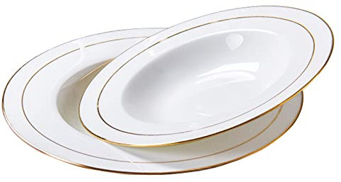 XSMYdpuk Plat Profond, Plats Occidentaux, Assiette Blanche avec Bord doré, Assiette en céramique, Assiettes à Salade Rondes, Assiettes de Service en Porcelaine, Bol à Soupe, Bol à Spaghetti, Assiette