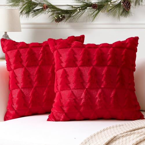Artscope 2er Set Wolle Kissenbezüge Weicher Plüsch Kurzer Wollsamt Dekokissenbezuge Sofakissen Europäische Kissenhülle für Sofa Schlafzimmer Weihnachtsbaum Rot, 40x40cm