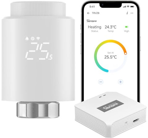 SONOFF Cabezal Termostático Inteligente Zigbee,Se Vende con Zigbee Hub, para Válvula Termostática de Radiador Regulador de Temperatura, Pantalla LED, Control por Voz, Alexa y Google