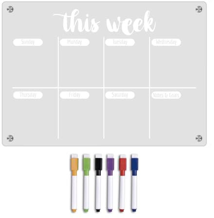 Satiskid Magnetic Weekly Planner, Magnetic Acrylic Calendar for Fridge, Weekly Meal Planner and Grocery List, Clear Calendar Planner Dry Erase Board Set for Refrigerator/Glass/Kitchen/Office (White)