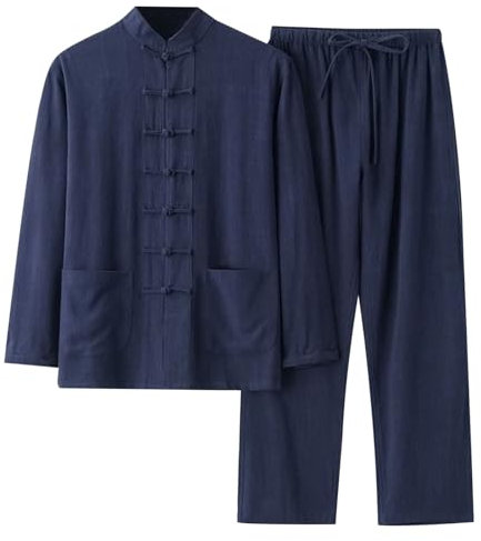 Foweknow Tang Costume pour homme Vêtements traditionnels chinois à manches longues Veste et pantalon Arts martiaux Taichi Shaolin Coton Lin Uniforme classique Loisirs Entraînement Vêtements, Marine,