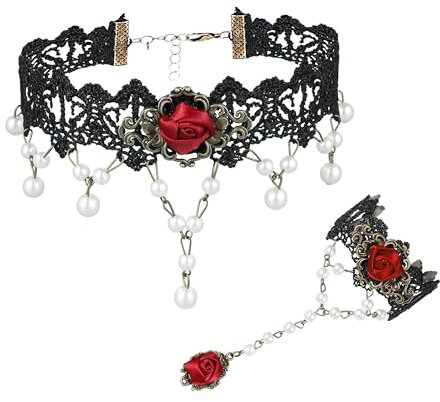 JJDreams Collana gotica con bracciale da donna elegante collana in pizzo nero con ciondolo a forma di rosa, Acciaio inossidabile
