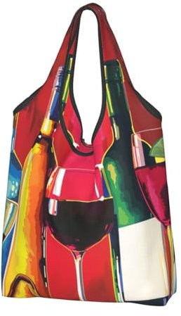 WPUTY Lot de 3 sacs d'épicerie imprimés verres à cocktail et bouteilles de vin pliables et réutilisables avec poignées, Noir , Taille unique