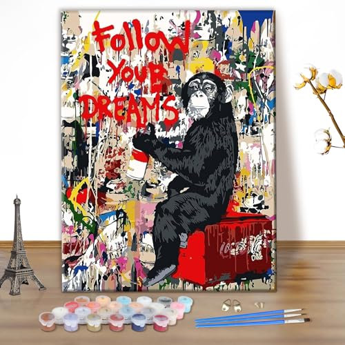 MEIYUDA Peinture par Numero Adulte, Graffiti de la rue Monkey DIY Peinture à l'huile par Numéros sur Toile Artisanat avec Pinceaux Peintures Acryliques, Decoration Maison Cadeau 30x40cm(sans Cadre)