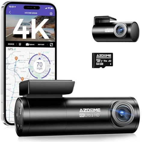 AZDOME Dashcam Auto Vorne Hinten 4K+1080P, WiFi GPS Dash Cam, Autokamera mit 64G SD Karte, ADAS, Super Nachtsicht, WDR, Loop-Aufnahme, G-Sensor, Parküberwachung Auto Kamera