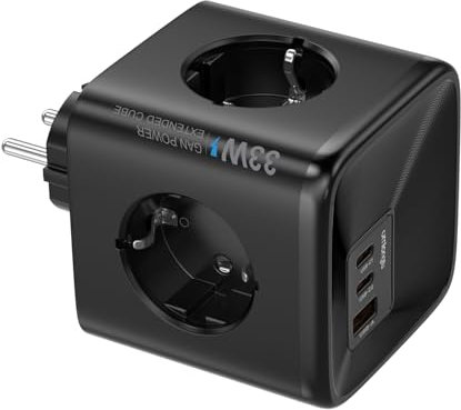 Cubo Enchufe USB 7 en 1, Ladron Enchufes Múltiple con 4 Tomas (4000W/16 A), 2 USB-C y 1 USB-A (30W Carga Rápida), Regleta Enchufe Múltiple para Pared, Oficina, Cocina y Dormitorio