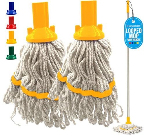 Commercial Mops for Cleaning Floors with Mop Handle - Looped Cotton Mop Heads with Absorbent Yarn, 120cm Heavy Duty Aluminium Handle, Floor Color Coded Hygiene Cleaning Head Pack of 2 - Yellow