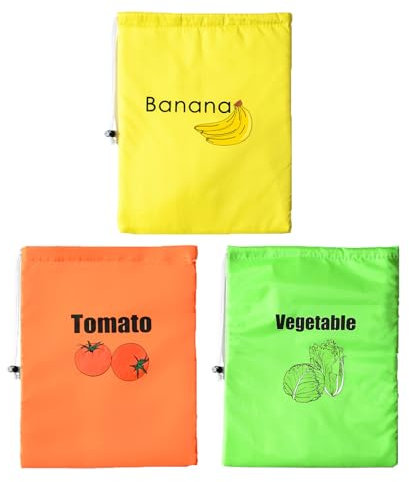 3-Pack Reusable Vegetable Bags | 35x28cm Drawstring Storage for Fruits & Vegetables | Durable Polyester (3 Colors)