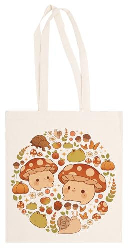 Ameretee Glücklich Pilz Und Frosch Fallen Beige Einkaufstasche Aus Baumwolle, Unisex