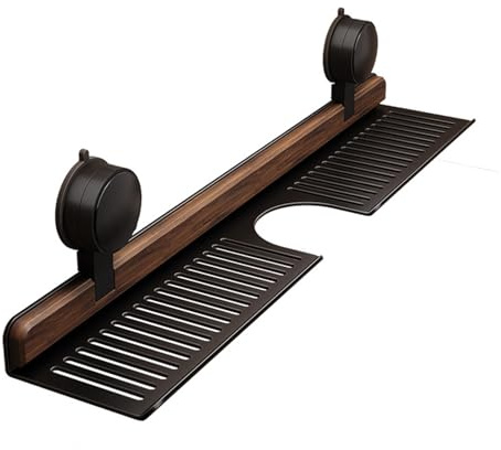 AOERFASI Walnut wood bathroom and kitchen suction cup rack, removable wall-mounted tray, no-drill wall-mounted bathroom vanity, sink storage rack, kitchen suction cup rack (Black, 40cm/15.75in)
