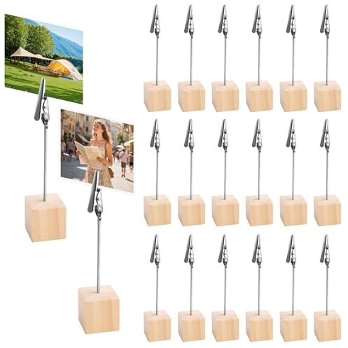 20 Stück Fotohalter Holz mit Klammern, Kartenständer Foto Memo Clip Halter | Holzsockel Notizkartenhalter mit Krokodilverschluss, Schreibtisch Memohalter, Zettelhalter für Büro Party Geschäften