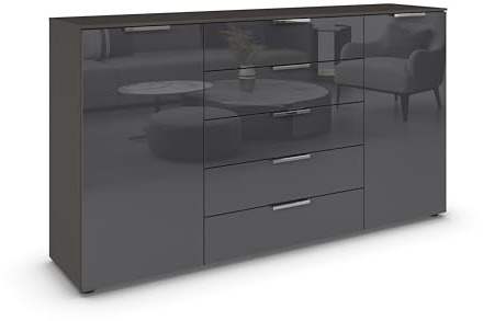 Rauch Möbel Flipp, Kommode, Farbe Glas Basalt/Graphit, Breite 180 cm | Sideboard, 2-türig, 5 Schubladen, Glasfront, Soft-Close-Funktion, für Schlafzimmer, Gästezimmer, Wohnzimmer, Garderobe, Flur