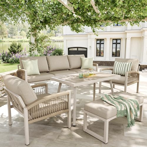 Merax Gartensofa-Set Gartensofa für 7 Personen, Robustes Eisengestell und beige Polster, Tisch mit Holzoptik-Glasplatte & 2 Sesseln, Wetterfeste Terrassen-Garnitur für Garten, Balkon & Terrasse