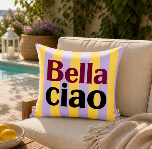KAMACA Outdoor Dekokissen Bella Ciao 45x45 cm Gelb Flieder Gestreift – Gartenkissen mit 370g Füllung – Wasserabweisend, Schmutzabweisend & Strapazierfähig – Balkon Terrasse Lounge Kissen