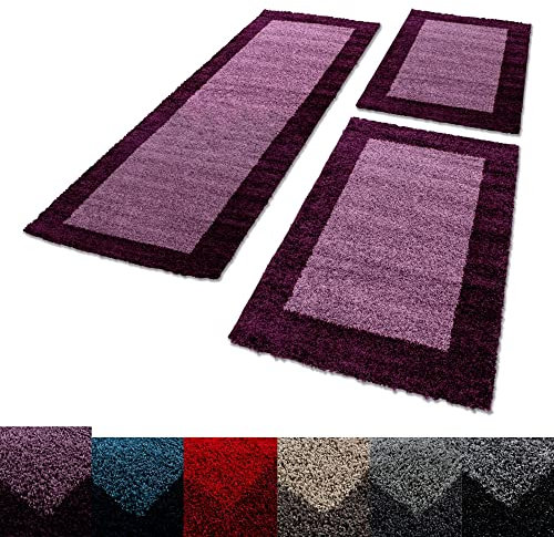 Unbekannt Shaggy Hochflor Teppich Carpet 3TLG Bettumrandung Läufer Set Schlafzimmer Flur, Farbe:Lila, Bettset:2x60x110+1x100x200