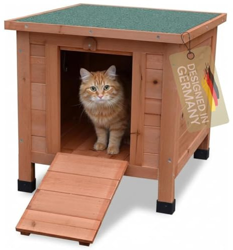 Mucola Katzenhaus Katzenhütte wetterfest mit Klappdach 42x43x50 cm Holz | aus Fichtenholz, erhöhte Standfüße, Tür als Rampe, nur 4,5 kg, Aufbau in 15 Minuten, auch als Igelhaus oder Hasenstall
