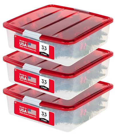 IRIS BCB-SQ Aufbewahrungsbehälter für Weihnachtskranz, Kunststoff, durchsichtig/rot, 25 Qt, 3