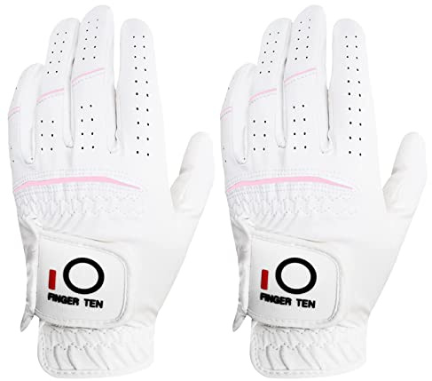 FINGER TEN Gants De Golf Femme Paire de Valeur ou Lot De 2, Gant Main Gauche Droite Temps pluvieux Confortable Doux Taille XS à XL (Main Gauche(Worn on Left Hand), M)