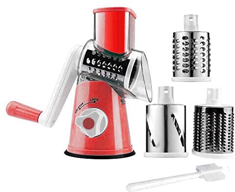 Râpe manuelle rotative pour fromage et légumes, pomme de terre, carottes, mandoline, écrous, broyeur avec brosse de nettoyage pour la cuisine Rouge