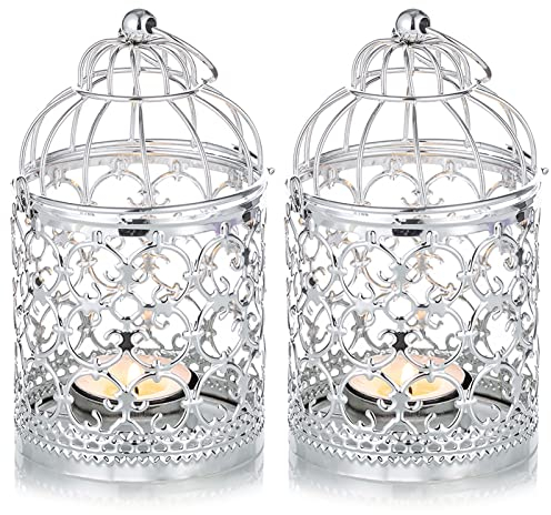 NUPTIO 2 Stück Dekorative Kerzenlaternen Vogelkäfig Metall Aushöhlen Dekorative Vogelkäfig Eisen Kerzenhalter Hängende Laterne, Silber Teelichthalter, Kerzenständer Vintage Weihnachten Deko