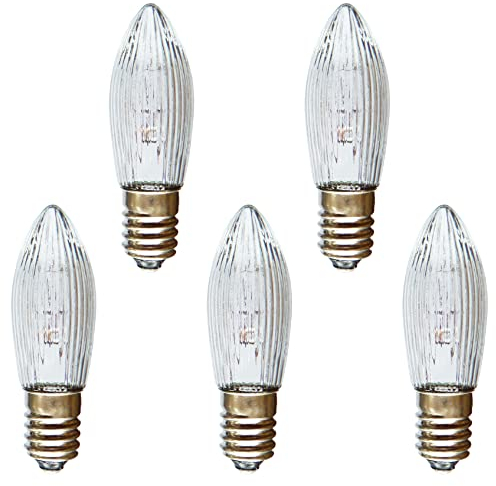 AUSWAHL 8V - 55V - netSells - 5er Set - 15V 3W Topkerze Riffelkerze Spitzschaftkerze - für Schwibbogen u. Lichterketten - für INNEN - für 15-16 Brennstellen - klar