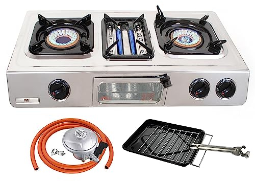 NJ G-87 Camping Gas Stove - 3 Burner Portable Stainless Steel Gas Cooker Outdoor Cooktop LPG Hob BBQ Grill Wok Ring Auto Ignition 9.7kW (Butane 21mm Clip-on)