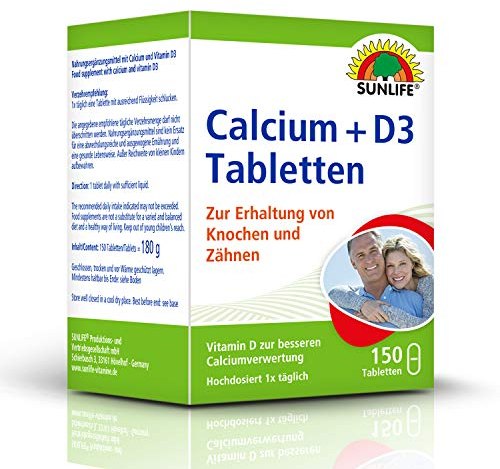 SUNLIFE Calcium + D3 Tabletten - 1 x 150 Stück - Calcium & Vitamin D3 Tabletten für Knochen & Zähne - Calcium hochdosiert - Nahrungsergänzung mit 400mg Calcium & 5µg Vitamin D3 pro Tablette