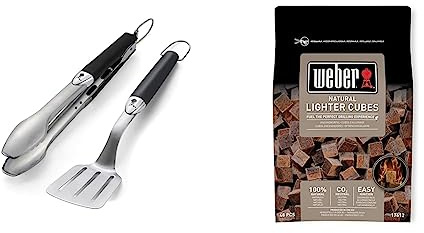 Weber Premium BBQ Tool Set - 2 Pc Stainless Steel Tongs & Spatula for Barbecue Cooking | Compact Travel Size BBQ Metal Utensils & Natural Lighter Cubes