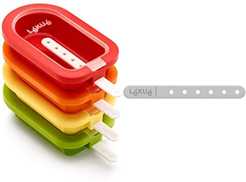 Lékué - Polo Apilable Classic, Silicona, Surtido Multicolor, 16,5 Cm, 4 Unidades + Pack De Palos Para Helado, Blanco, 12.2 Cm, 20 Unidades