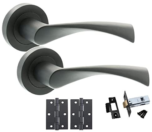 Golden Grace Astrid Twist Design Door Handles On Round Rose in Matt Black Finish with Ball Bearing Hinges & 64mm Tubular Latch - 1 Set