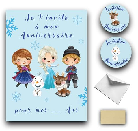 Kreatives Set mit 10 Einladungskarten zum Basteln, Motiv: Eiskönigin in in Frankreich, inkl. 10 Kartons, 10 weiße Umschläge, 10 Aufkleber und 10 Aufklebern in Gold