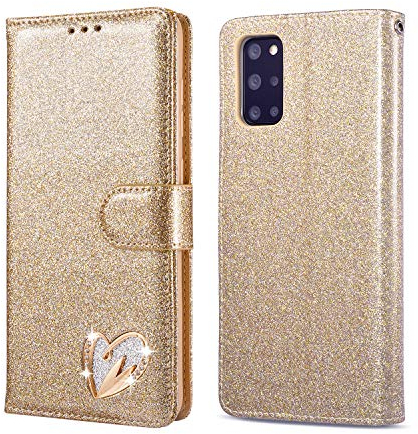 QLTYPRI Hülle für Samsung Galaxy S20 FE Hülle, Glitzer Handyhülle PU Ledertasche TPU Etui Handschlaufe Kartenfach mit Eingelegten Liebe Herz Diamond Flip Schutzhülle für Samsung Galaxy S20 FE - Gold