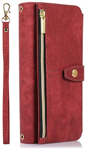 ZCDAYE Wallet Case for iPhone SE/iPhone 7/iPhone 8, Premium Leather Phone Case Women Ladies Holster with Card Slots Wrist Strap Zipper Flip Phone Cover for iPhone SE/iPhone 7/iPhone 8, Red