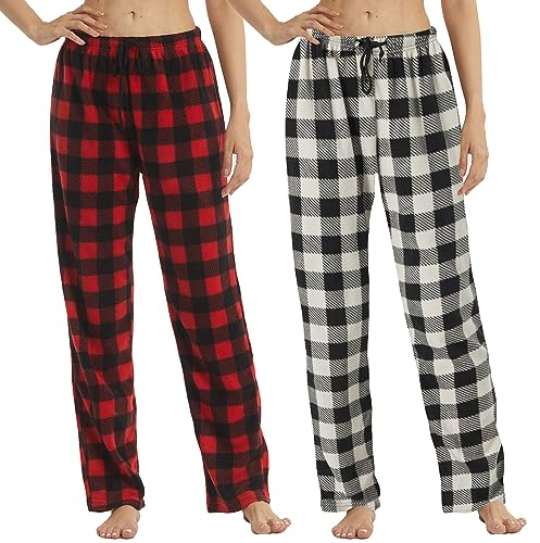 2 Stück Damen Pyjamahose Fleece Buffalo Plaid Pyjama Hose Weich Kordelzug Lounge Nachtwäsche für Damen, Rotes, schwarzes Karomuster und graues schwarzes Karomuster, Medium