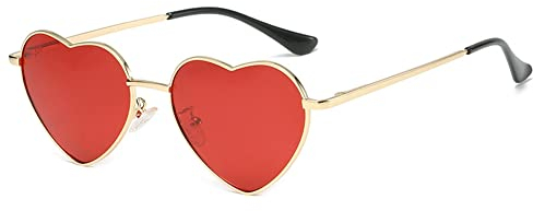 RUNHUIS Polarisiert Herzform Sonnenbrille Damen Herren Hippie Brille Vintage Liebe Sonnenbrille für Festival Party Gold Metallrahmen mit UV400 (Gold/Rot)