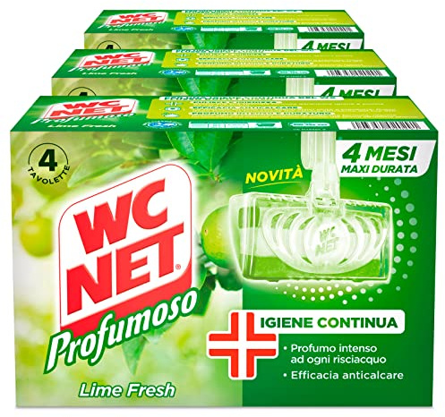 Wc Net - Tavoletta Profumoso 3 Effect, Detergente Igienizzante Solido per WC, Fragranza Lime Fresh, Lunga Duarata, 4 Pezzi x 3 ConfezionI
