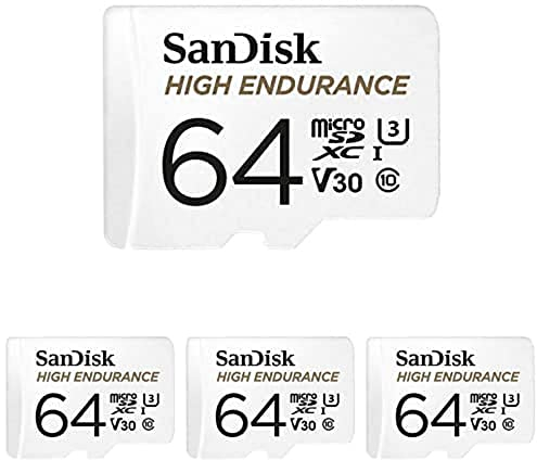 SanDisk High Endurance microSD Karte 64 GB + Rescue Pro Deluxe (für Dashcams und Heimüberwachungssysteme, hohe Belastbarkeit und Haltbarkeit, Full HD-/4K-Videos) Weiß, 4er Pack
