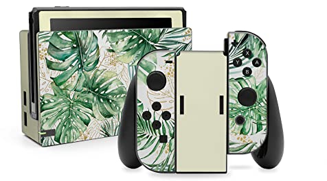 Folien Skin für Spiele Konsole Joy-Con und Ladestation Aufkleber Set Top Schutz gegen Kratzer Design Sticker Cover passgenau selbstklebend RX021 (Nr. 23 Monstera)