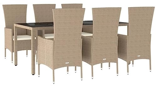 vidaXL Garten Essgruppe 7-TLG., Gartenmöbel Set mit Kissen, Gartengarnitur Tisch 6 Stühle, Sitzgruppe Gartenset Modulares Design, Beige Poly Rattan