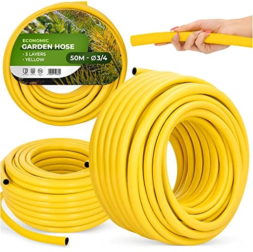 Tubo da giardino 3/4, 50 m, giallo, rinforzato, a 3 strati, resistente ai raggi UV, flessibile, flessibile, per irrigazione, giardinaggio, auto
