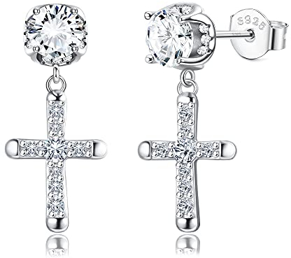 Krfy Kreuz Ohrringe Sterling Silber Cubic Zirkonia Hypoallergene Dangle Earrings 18K Weißgold Vergoldet Hip Hop Schmuck Iced Out Kreuz Ohrringe Hängend für Damen Herren