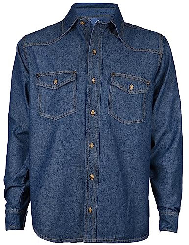 True Face Mens Denim Shirt 100% Cotton Multi Pocket Long Sleeve Casual Collared Button Down Washed Effect Shirts Top Dark Wash 2XL