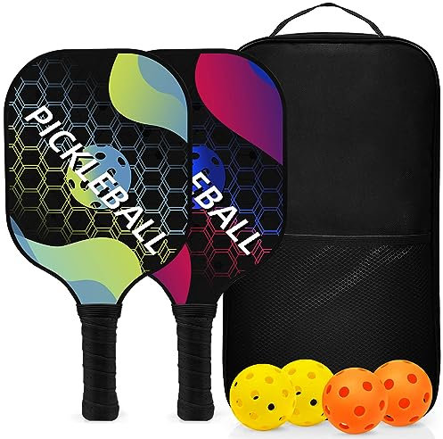 Topfinder Palas de Pickleball, Set de 2 Raquetas Pickleball de Fibra de Vidrio con 4 Bolas para Jugar al Exterior y Interior, 1 Bolsa