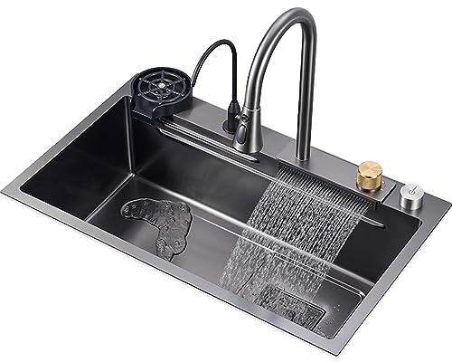 Inteligente Fregadero Cocina, Fregadero de Cascada Raindance de Acero Inoxidable Fregadero de un Seno con Grifo extraíble, Lavadora automática de Tazas y Otros Accesorios,60X45X21cm