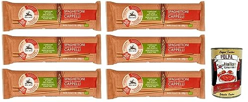 Italian Gourmet Pasta Spaghettoni Cappelli Bio Hartweizen Nudeln 6 x 500g | Grano duro coltivato in Italia, bronze Optik, ideale per sughi mediterranei, Gesamtnettogewicht 3 kg + Kostenlos Polpa 400g