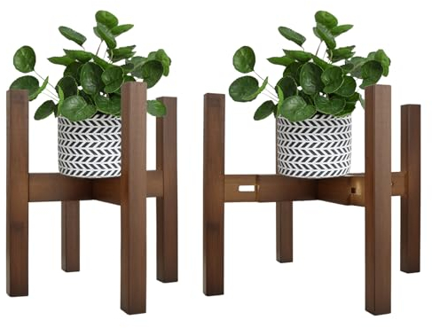 AHAQU 2 Pack Mid-Century Plant Stand, Wooden Flower Holder for Indoor and Outdoor, Bamboo Adjustable Stand for Pots up to 35cm