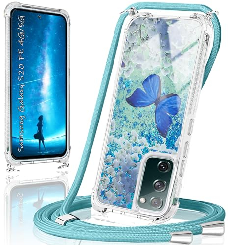 XCYYOO Handykette für Samsung Galaxy S20 FE 4G/5G Hülle mit Band,Handyhülle Samsung S20 FE 4G/5G Glitzer Schmetterling mit Kette TPU Slim Bumper Kratzfest Stoßfest Schmetterling Schutzhülle mit Kordel