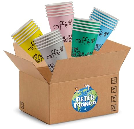 DETERMONDO 200 Bicchierini Caffè di Carta Biodegradabili 75ml, Bicchieri Caffe con Grafica Monouso Biocompostabili Usa e Getta - Tazzine Made in Italy (Colorati)